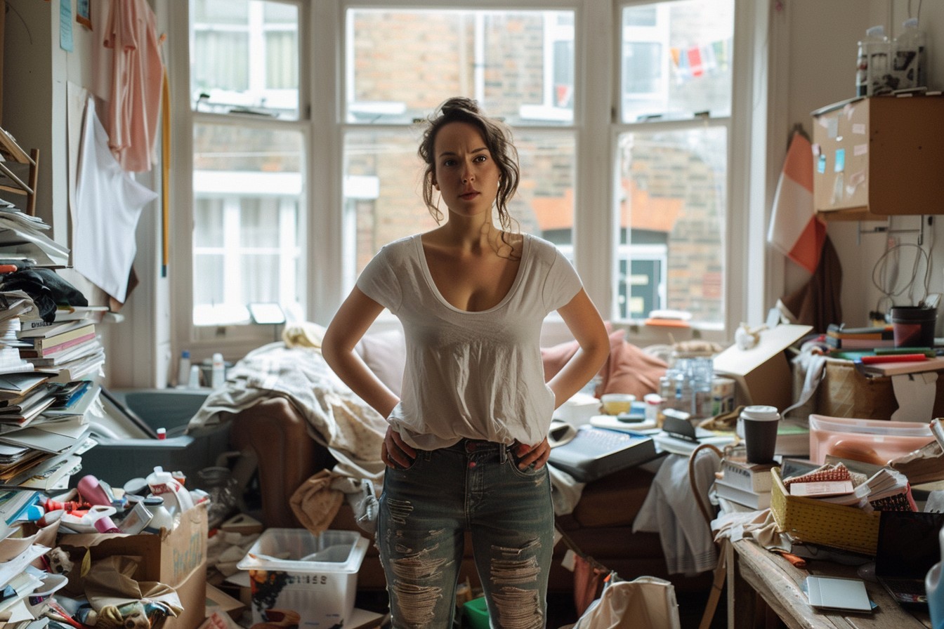 young British woman standing in the middle of a messy London apartment, hands on hips, looking around in mild panic