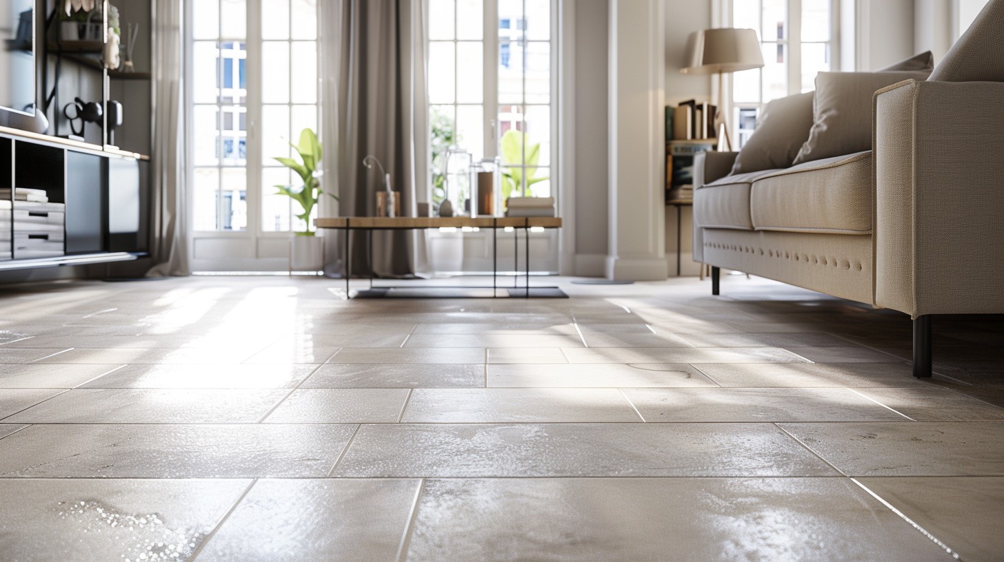 London apartment living room interior, ultra-detailed textured floor tiles